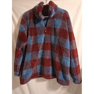 Eddie Bauer Womens XXL Quarter Zip Pullover Fuzzy Blue Burgundy Check Plaid